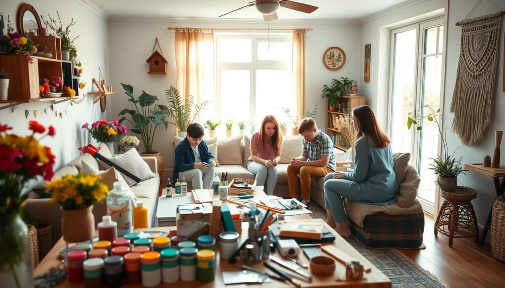 A cozy living room filled with an array of DIY home projects, bathed in warm, natural lighting from large windows. Vibrant floral arrangements, a partially assembled birdhouse, and an intricate macrame wall hanging add pops of color against a neutral backdrop. In the foreground, a crafting table showcases an array of paints, tools, and materials, while in the middle ground, family members of various ages collaborate on a handmade wooden bench. The scene exudes a sense of togetherness, creativity, and a retreat from the outside world.