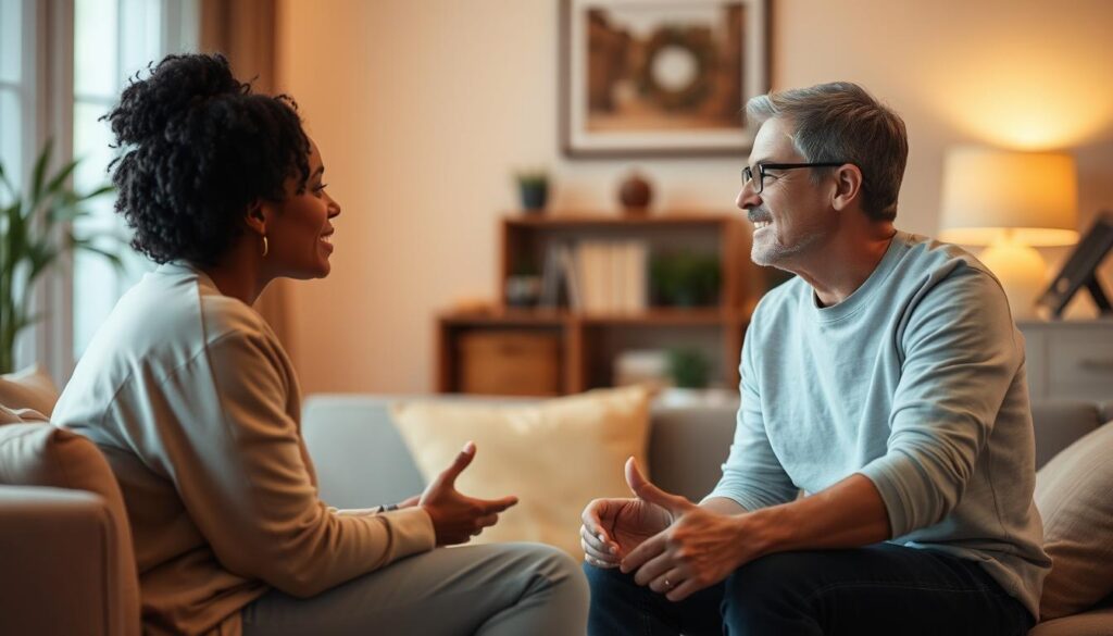 A cozy living room setting, with two people engaged in a thoughtful conversation. Soft, warm lighting casts a gentle glow, creating an intimate and reflective atmosphere. The couple sit face-to-face, their body language open and attentive, as they exchange open-ended questions, exploring each other's perspectives and experiences. The background is softly blurred, allowing the focus to remain on the individuals and their deep, meaningful dialogue. The scene conveys a sense of genuine connection, curiosity, and a desire to truly understand one another. A cozy living room setting, with two people engaged in a thoughtful conversation. Soft, warm lighting casts a gentle glow, creating an intimate and reflective atmosphere. The couple sit face-to-face, their body language open and attentive, as they exchange open-ended questions, exploring each other's perspectives and experiences. The background is softly blurred, allowing the focus to remain on the individuals and their deep, meaningful dialogue. The scene conveys a sense of genuine connection, curiosity, and a desire to truly understand one another.