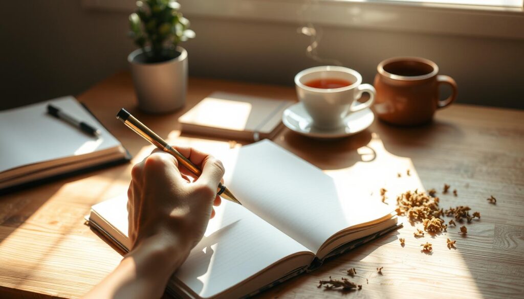 A cozy, minimalist workspace with a wooden desk, a notebook, and a cup of tea. Soft natural lighting filters through the window, casting a warm glow on the scene. In the foreground, a hand is seen writing thoughtfully in the journal, the pen moving gracefully across the page. Dried herbs and flowers are scattered across the desk, adding a grounding, earthy element. The background features a simple potted plant, hinting at the importance of connecting with nature. The overall atmosphere is serene, calming, and conducive to introspection and self-reflection.