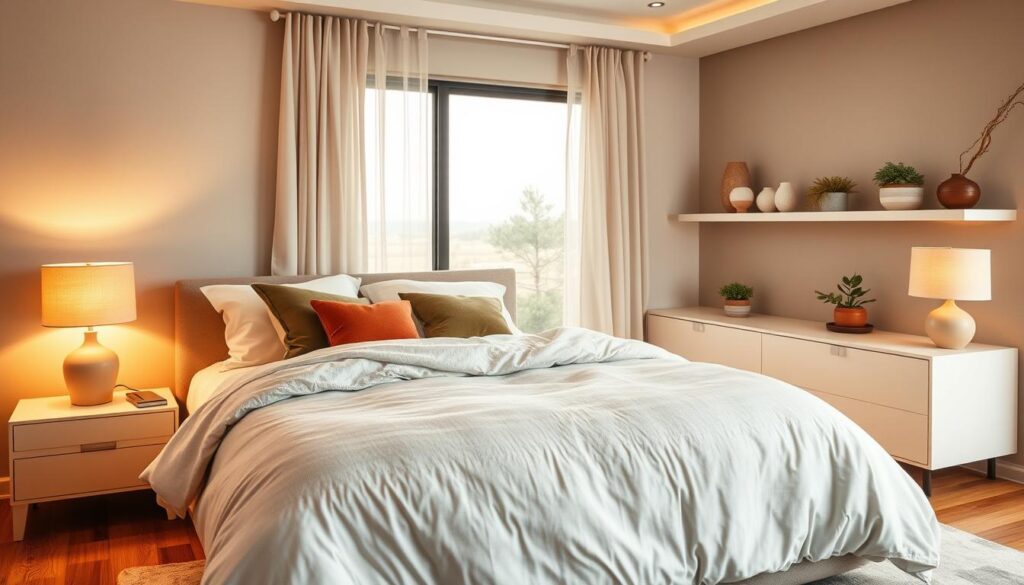 A cozy modern bedroom with warm lighting and soft textures. In the foreground, a plush king-sized bed with crisp white linens and a fluffy gray comforter. Decorative throw pillows in muted tones of olive and terracotta add pops of color. On the nightstands, minimalist lamps with fabric shades cast a gentle glow. In the middle ground, a large picture window overlooks a serene outdoor scene, framed by sheer curtains that billow softly. The background features a neutral-toned accent wall with a floating shelving unit displaying artful ceramics and potted plants. Hardwood floors are accented with a soft, abstract area rug. The overall atmosphere is calming, inviting, and effortlessly stylish. A cozy modern bedroom with warm lighting and soft textures. In the foreground, a plush king-sized bed with crisp white linens and a fluffy gray comforter. Decorative throw pillows in muted tones of olive and terracotta add pops of color. On the nightstands, minimalist lamps with fabric shades cast a gentle glow. In the middle ground, a large picture window overlooks a serene outdoor scene, framed by sheer curtains that billow softly. The background features a neutral-toned accent wall with a floating shelving unit displaying artful ceramics and potted plants. Hardwood floors are accented with a soft, abstract area rug. The overall atmosphere is calming, inviting, and effortlessly stylish.