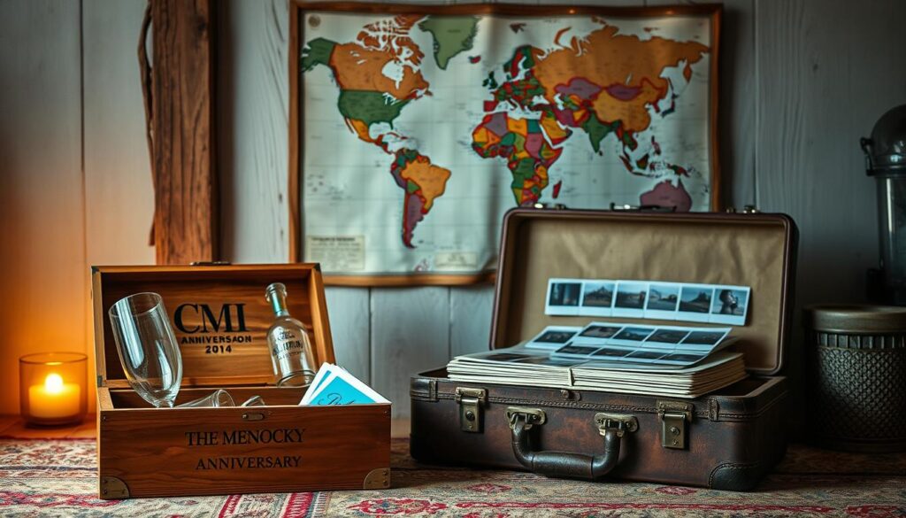 A cozy, rustic scene showcasing a collection of personalized journey gifts. In the foreground, a handcrafted wooden box adorned with a couples' initials and the date of their anniversary. Nestled inside, a set of custom-engraved wine glasses and a scrapbook filled with memories. In the middle ground, a vintage suitcase stands open, revealing a stack of polaroid photos chronicling the couple's travels. Hanging on the wall behind, a world map with a trail of colorful push pins marking the destinations they've explored together. Soft, warm lighting casts a gentle glow, creating an intimate, nostalgic atmosphere. A cozy, rustic scene showcasing a collection of personalized journey gifts. In the foreground, a handcrafted wooden box adorned with a couples' initials and the date of their anniversary. Nestled inside, a set of custom-engraved wine glasses and a scrapbook filled with memories. In the middle ground, a vintage suitcase stands open, revealing a stack of polaroid photos chronicling the couple's travels. Hanging on the wall behind, a world map with a trail of colorful push pins marking the destinations they've explored together. Soft, warm lighting casts a gentle glow, creating an intimate, nostalgic atmosphere.