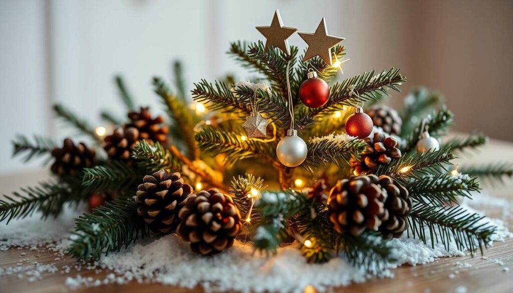 A cozy, rustic tabletop Christmas tree adorned with delicate ornaments, twinkling lights, and a charming star topper. The tree is nestled among a festive arrangement of miniature evergreen sprigs, pinecones, and a dusting of snow, evoking a sense of warmth and holiday cheer. Soft, natural lighting casts a gentle glow, highlighting the intricate details and creating a serene, intimate atmosphere. The scene is captured from a close, eye-level perspective, drawing the viewer in and inviting them to imagine the tranquil ambiance of this small-scale holiday display. A cozy, rustic tabletop Christmas tree adorned with delicate ornaments, twinkling lights, and a charming star topper. The tree is nestled among a festive arrangement of miniature evergreen sprigs, pinecones, and a dusting of snow, evoking a sense of warmth and holiday cheer. Soft, natural lighting casts a gentle glow, highlighting the intricate details and creating a serene, intimate atmosphere. The scene is captured from a close, eye-level perspective, drawing the viewer in and inviting them to imagine the tranquil ambiance of this small-scale holiday display.