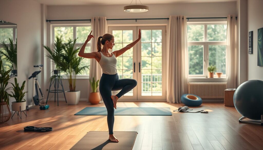 A cozy, well-lit home gym setting with a female figure performing a dynamic cardio and flexibility routine. In the foreground, the figure gracefully stretches and contorts, showcasing a range of yoga-inspired poses. The middle ground features exercise equipment like a yoga mat, resistance bands, and a stability ball, subtly suggesting a comprehensive workout. The background depicts a serene, natural environment with lush greenery, calming lighting, and a sense of tranquility, creating a soothing ambiance. The overall composition conveys a harmonious balance between cardio and flexibility, inviting the viewer to imagine themselves embarking on a rejuvenating home workout. A cozy, well-lit home gym setting with a female figure performing a dynamic cardio and flexibility routine. In the foreground, the figure gracefully stretches and contorts, showcasing a range of yoga-inspired poses. The middle ground features exercise equipment like a yoga mat, resistance bands, and a stability ball, subtly suggesting a comprehensive workout. The background depicts a serene, natural environment with lush greenery, calming lighting, and a sense of tranquility, creating a soothing ambiance. The overall composition conveys a harmonious balance between cardio and flexibility, inviting the viewer to imagine themselves embarking on a rejuvenating home workout.