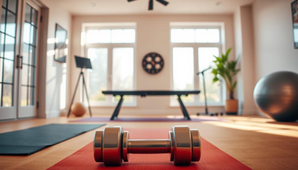 A cozy, well-lit home gym with sleek, minimalist equipment. A yoga mat and set of dumbbells in the foreground, inviting the viewer to begin their beginner workout. In the middle ground, a sturdy exercise bench and a stability ball, hinting at a versatile routine. The background features large windows, allowing natural light to flood the space, creating a serene and motivating atmosphere. The color palette is warm and earthy, evoking a sense of comfort and approachability for those new to home fitness. A cozy, well-lit home gym with sleek, minimalist equipment. A yoga mat and set of dumbbells in the foreground, inviting the viewer to begin their beginner workout. In the middle ground, a sturdy exercise bench and a stability ball, hinting at a versatile routine. The background features large windows, allowing natural light to flood the space, creating a serene and motivating atmosphere. The color palette is warm and earthy, evoking a sense of comfort and approachability for those new to home fitness.