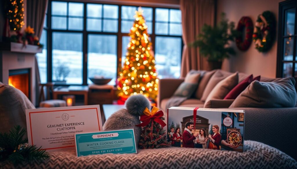 A cozy, well-lit living room scene with a fireplace, warm lighting, and plush seating. In the foreground, an assortment of seasonal experience gifts, such as a gourmet cooking class voucher, tickets to a winter concert, and a luxury spa day package. In the middle ground, a tastefully decorated Christmas tree and a couple enjoying a cup of hot cocoa. The background features a snowy landscape visible through a large window, creating a serene and inviting atmosphere. The overall mood is one of comfort, togetherness, and the joy of shared experiences. A cozy, well-lit living room scene with a fireplace, warm lighting, and plush seating. In the foreground, an assortment of seasonal experience gifts, such as a gourmet cooking class voucher, tickets to a winter concert, and a luxury spa day package. In the middle ground, a tastefully decorated Christmas tree and a couple enjoying a cup of hot cocoa. The background features a snowy landscape visible through a large window, creating a serene and inviting atmosphere. The overall mood is one of comfort, togetherness, and the joy of shared experiences.