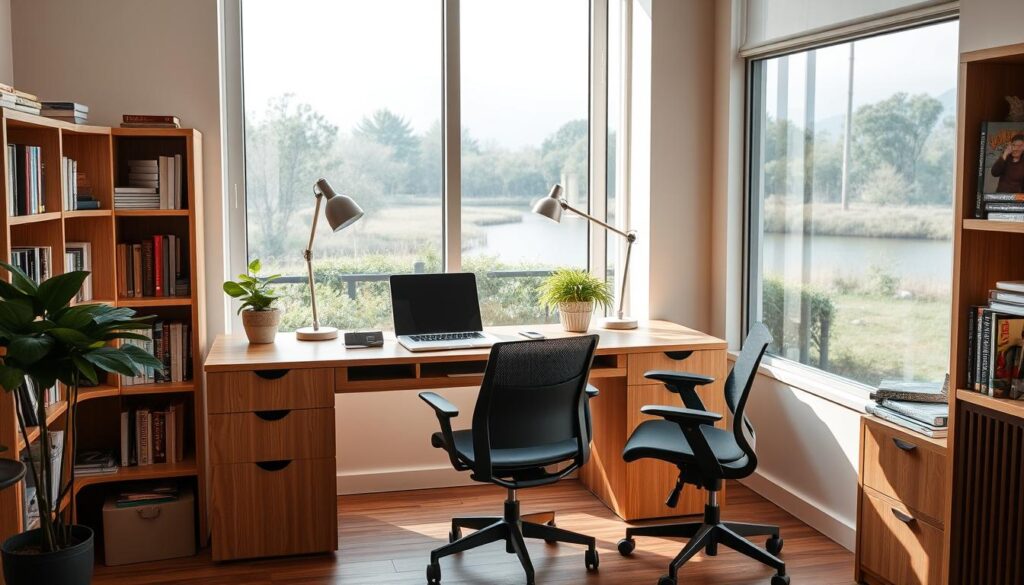 A cozy, well-lit study nook with a large wooden desk, a comfortable ergonomic chair, and ample shelving for books and stationery. The desk is adorned with a sleek, modern laptop, a desk lamp providing a warm, focused light, and a potted plant adding a touch of greenery. The background features a large window overlooking a tranquil outdoor scene, allowing natural light to flood the space and creating a sense of openness and serenity. The atmosphere is one of focus and productivity, with a hint of relaxation, perfect for an uninterrupted and productive study session.