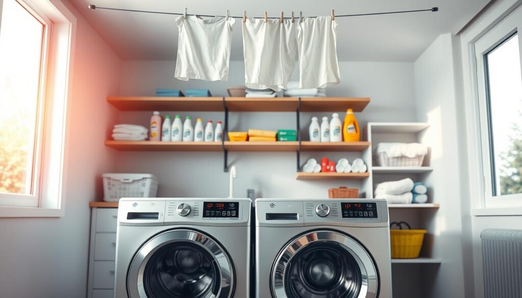 A crisp, well-lit scene depicting a modern, efficient laundry room. In the foreground, a sleek, high-efficiency washing machine and dryer pair, their digital displays showcasing smart features like customizable cycles and energy-saving modes. Hanging above, a retractable clothesline extends, ready to air-dry delicates. The middle ground features carefully organized shelves stocked with color-coded detergents, fabric softeners, and other laundry essentials. The background reveals large windows, letting in natural light that bathes the entire space in a warm, inviting glow. The overall atmosphere conveys a sense of order, convenience, and a thoughtful approach to household chores.