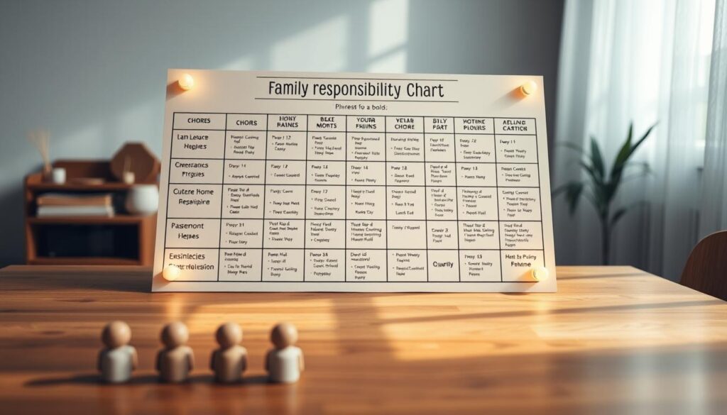 A detailed family responsibility chart on a wooden tabletop, with neatly organized chores and tasks assigned to each member of the household. The chart is illuminated by warm, natural lighting, creating a cozy and inviting atmosphere. In the foreground, individual family member icons or symbols are arranged, while the middle ground showcases the chart itself, clearly delineating the various responsibilities. The background features a neutral, minimalist setting, allowing the chart to be the focal point and emphasizing its importance in promoting a harmonious and organized home environment. A detailed family responsibility chart on a wooden tabletop, with neatly organized chores and tasks assigned to each member of the household. The chart is illuminated by warm, natural lighting, creating a cozy and inviting atmosphere. In the foreground, individual family member icons or symbols are arranged, while the middle ground showcases the chart itself, clearly delineating the various responsibilities. The background features a neutral, minimalist setting, allowing the chart to be the focal point and emphasizing its importance in promoting a harmonious and organized home environment.
