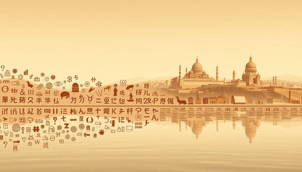 A detailed timeline tracing the evolution of language, unfolding against a serene backdrop. In the foreground, a graceful flow of symbols and glyphs, each representing a distinct era of linguistic progress. The middle ground showcases the rise and transformation of written scripts, their intricacies captured in meticulous detail. In the distance, a panoramic vista of historic landmarks and landmarks, hinting at the diverse cultural tapestry that has shaped the human journey of communication. Warm, muted tones lend a sense of timelessness, while subtle lighting casts a contemplative glow, inviting the viewer to embark on a reflective exploration of the remarkable resilience and adaptability of language. A detailed timeline tracing the evolution of language, unfolding against a serene backdrop. In the foreground, a graceful flow of symbols and glyphs, each representing a distinct era of linguistic progress. The middle ground showcases the rise and transformation of written scripts, their intricacies captured in meticulous detail. In the distance, a panoramic vista of historic landmarks and landmarks, hinting at the diverse cultural tapestry that has shaped the human journey of communication. Warm, muted tones lend a sense of timelessness, while subtle lighting casts a contemplative glow, inviting the viewer to embark on a reflective exploration of the remarkable resilience and adaptability of language.
