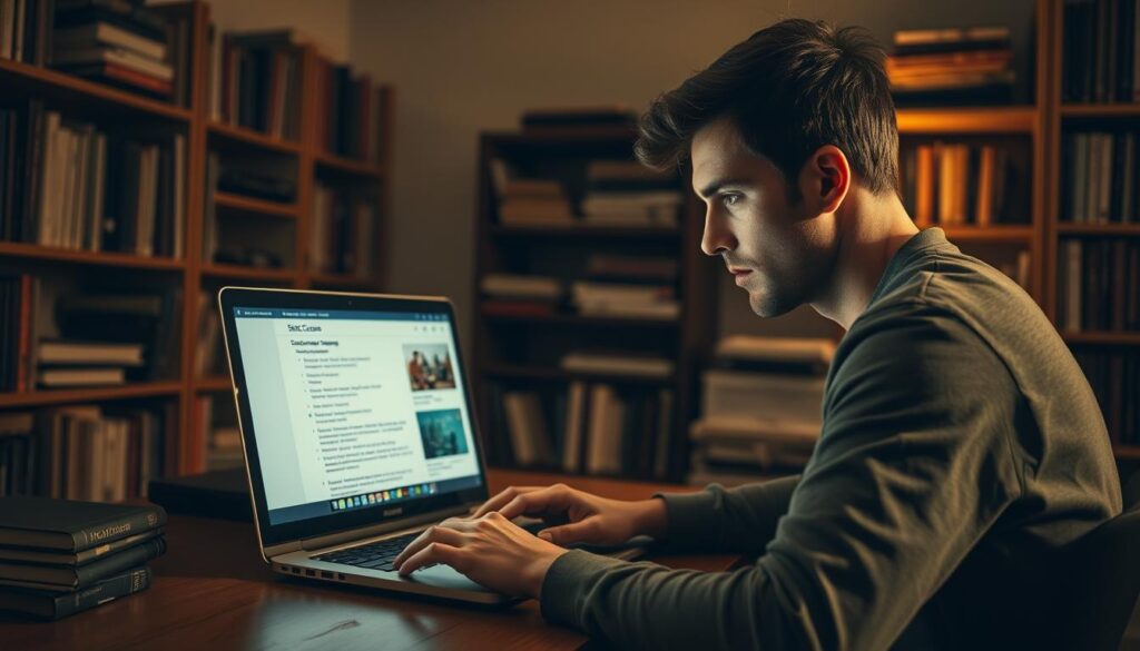 A dimly lit office with a wooden desk and a laptop. On the screen, a student meticulously evaluates an online course, analyzing its syllabus, assignments, and learning objectives. Shelves filled with textbooks and reference materials line the walls, creating a scholarly atmosphere. Soft, warm lighting casts subtle shadows, lending a thoughtful, introspective mood to the scene. The student's face is focused, brow furrowed in concentration, as they carefully assess the course's rigor and suitability for their educational goals. A dimly lit office with a wooden desk and a laptop. On the screen, a student meticulously evaluates an online course, analyzing its syllabus, assignments, and learning objectives. Shelves filled with textbooks and reference materials line the walls, creating a scholarly atmosphere. Soft, warm lighting casts subtle shadows, lending a thoughtful, introspective mood to the scene. The student's face is focused, brow furrowed in concentration, as they carefully assess the course's rigor and suitability for their educational goals.