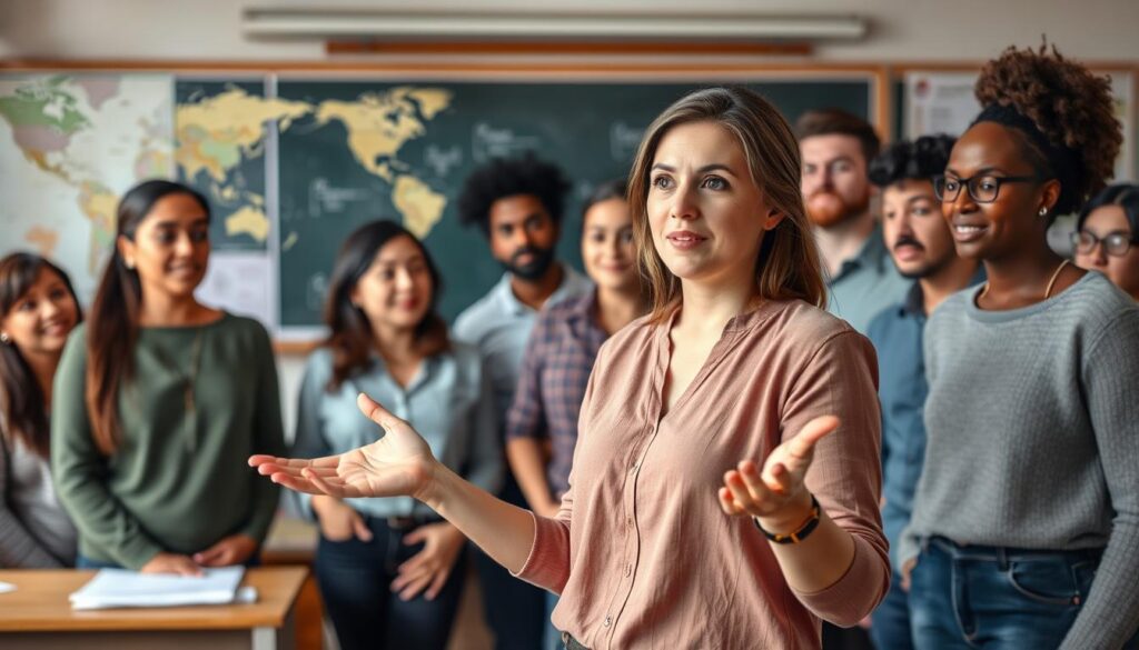 A diverse group of people, representing different ethnicities and ages, standing in a classroom setting. The foreground features a teacher gesturing animatedly, highlighting the nuances of pronunciation and accent. In the middle ground, students of varying backgrounds listen intently, their facial expressions conveying a sense of engaged learning. The background depicts a chalkboard, maps, and educational materials, creating a warm, academic atmosphere. Soft, diffused lighting illuminates the scene, emphasizing the collaborative and informative nature of the educational setting. The overall composition aims to visually convey the concept of "Understanding Pronunciation and Accent" within the broader context of improving spoken English. A diverse group of people, representing different ethnicities and ages, standing in a classroom setting. The foreground features a teacher gesturing animatedly, highlighting the nuances of pronunciation and accent. In the middle ground, students of varying backgrounds listen intently, their facial expressions conveying a sense of engaged learning. The background depicts a chalkboard, maps, and educational materials, creating a warm, academic atmosphere. Soft, diffused lighting illuminates the scene, emphasizing the collaborative and informative nature of the educational setting. The overall composition aims to visually convey the concept of "Understanding Pronunciation and Accent" within the broader context of improving spoken English.