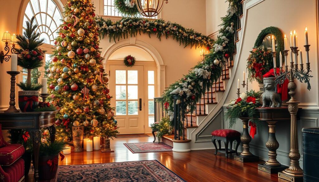A festive holiday fusion: the foyer decked with a towering tree adorned in a global tapestry of ornaments - vintage glass globes, hand-carved wooden figurines, sparkling tinsel from far-off lands. Lush garlands cascade down the staircase, intertwined with twinkling string lights. Candles flicker in the window, casting a warm glow across the scene. Plush holiday textiles in rich jewel tones and metallic accents fill the space, blending classic and contemporary styles. An heirloom menorah stands proudly, its candles reflecting off the gleaming wood floors. This harmonious holiday vision celebrates the world's diverse traditions in a harmonious, inviting display. A festive holiday fusion: the foyer decked with a towering tree adorned in a global tapestry of ornaments - vintage glass globes, hand-carved wooden figurines, sparkling tinsel from far-off lands. Lush garlands cascade down the staircase, intertwined with twinkling string lights. Candles flicker in the window, casting a warm glow across the scene. Plush holiday textiles in rich jewel tones and metallic accents fill the space, blending classic and contemporary styles. An heirloom menorah stands proudly, its candles reflecting off the gleaming wood floors. This harmonious holiday vision celebrates the world's diverse traditions in a harmonious, inviting display.