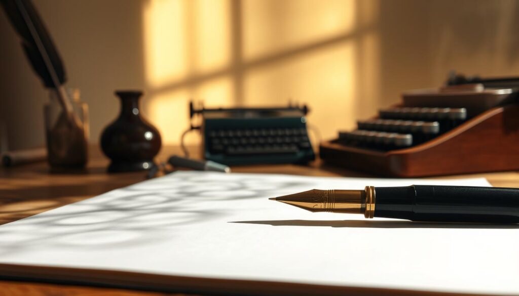 A focused beam of light illuminates a blank page, casting intricate shadows that suggest the flow of a narrative. In the foreground, a fountain pen rests, its nib poised to glide across the paper, capturing the reader's attention. The middle ground features various writing instruments - a quill, an inkwell, a typewriter - each representing a distinct approach to the craft of crafting an impactful essay opener. The background is a softly blurred expanse, hinting at the depth of thought and exploration required to develop a strong narrative. The overall atmosphere conveys a sense of thoughtful contemplation, as if the viewer is about to embark on a journey of written expression. A focused beam of light illuminates a blank page, casting intricate shadows that suggest the flow of a narrative. In the foreground, a fountain pen rests, its nib poised to glide across the paper, capturing the reader's attention. The middle ground features various writing instruments - a quill, an inkwell, a typewriter - each representing a distinct approach to the craft of crafting an impactful essay opener. The background is a softly blurred expanse, hinting at the depth of thought and exploration required to develop a strong narrative. The overall atmosphere conveys a sense of thoughtful contemplation, as if the viewer is about to embark on a journey of written expression.
