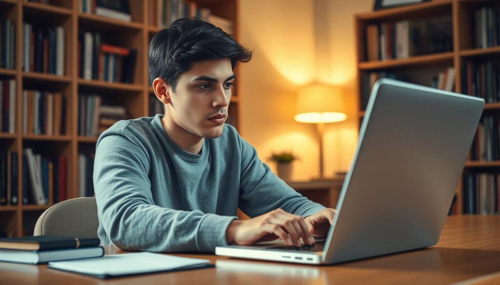 A focused student sits at a desk, their attention fixed on their laptop screen. The background is a warm, cozy study space, with bookshelves lining the walls and a soft lamp casting a gentle glow. The student's expression is one of deep concentration, their fingers typing rhythmically on the keyboard. The lighting is natural, with soft shadows accentuating the student's features. The composition is balanced, with the student positioned slightly off-center, creating a sense of dynamism. The overall mood is one of productivity and determination, capturing the essence of avoiding distractions and procrastination. A focused student sits at a desk, their attention fixed on their laptop screen. The background is a warm, cozy study space, with bookshelves lining the walls and a soft lamp casting a gentle glow. The student's expression is one of deep concentration, their fingers typing rhythmically on the keyboard. The lighting is natural, with soft shadows accentuating the student's features. The composition is balanced, with the student positioned slightly off-center, creating a sense of dynamism. The overall mood is one of productivity and determination, capturing the essence of avoiding distractions and procrastination.