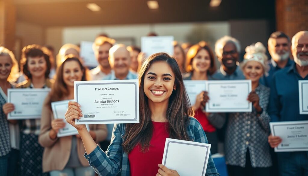 A group of diverse individuals stand proudly, each holding a certificate or diploma, symbolizing their successful completion of free online courses. The scene is bathed in warm, golden light, creating an uplifting and celebratory atmosphere. In the foreground, a smiling young woman holds her certificate aloft, her expression radiating joy and accomplishment. Behind her, a mix of professionals, students, and retirees showcase their own hard-earned achievements, their faces lit with pride and a sense of empowerment. The background is blurred, focusing the viewer's attention on the central figures and their inspiring success stories. The overall composition conveys the transformative power of free online learning, where individuals from all walks of life have found the resources to better themselves and unlock new opportunities. A group of diverse individuals stand proudly, each holding a certificate or diploma, symbolizing their successful completion of free online courses. The scene is bathed in warm, golden light, creating an uplifting and celebratory atmosphere. In the foreground, a smiling young woman holds her certificate aloft, her expression radiating joy and accomplishment. Behind her, a mix of professionals, students, and retirees showcase their own hard-earned achievements, their faces lit with pride and a sense of empowerment. The background is blurred, focusing the viewer's attention on the central figures and their inspiring success stories. The overall composition conveys the transformative power of free online learning, where individuals from all walks of life have found the resources to better themselves and unlock new opportunities.