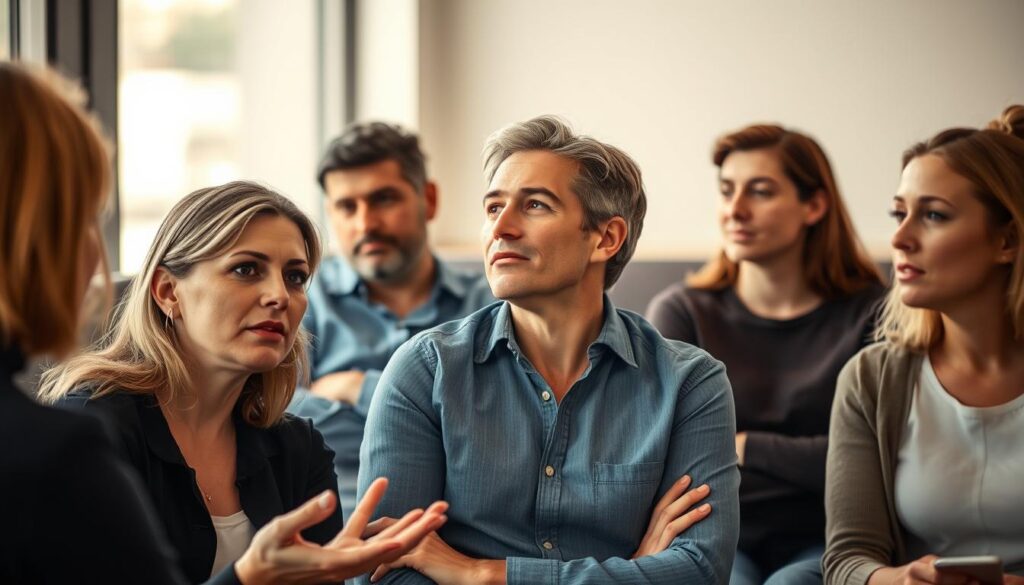 A group of people engaged in attentive, focused conversation, their posture and body language conveying active listening. In the foreground, a woman leans forward, eyes locked on the speaker, hands open and relaxed. Behind her, a man nods thoughtfully, arms uncrossed, leaning in. In the background, another pair sit with upright, engaged posture, their expressions rapt. The scene is illuminated by warm, natural lighting, creating a sense of openness and connection. The composition is balanced, with the subjects' body language and facial expressions emphasizing the importance of nonverbal communication in effective dialogue. A group of people engaged in attentive, focused conversation, their posture and body language conveying active listening. In the foreground, a woman leans forward, eyes locked on the speaker, hands open and relaxed. Behind her, a man nods thoughtfully, arms uncrossed, leaning in. In the background, another pair sit with upright, engaged posture, their expressions rapt. The scene is illuminated by warm, natural lighting, creating a sense of openness and connection. The composition is balanced, with the subjects' body language and facial expressions emphasizing the importance of nonverbal communication in effective dialogue.