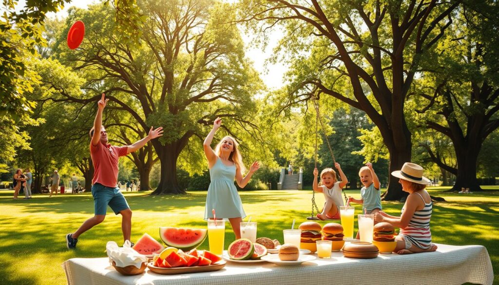 A lush, sun-drenched park with verdant lawns and towering shade trees. In the foreground, a family of four - parents and two children - engaged in a variety of summer activities. The father tosses a frisbee high into the air as the mother and children cheer him on. The children play on a swing set, their laughter ringing out. In the background, a picnic table is laden with a spread of refreshing summer treats - juicy watermelon slices, cold lemonade, and freshly grilled burgers. Soft, warm light filters through the leaves, casting a golden glow over the idyllic scene. The atmosphere is one of pure joy and the carefree spirit of summertime.