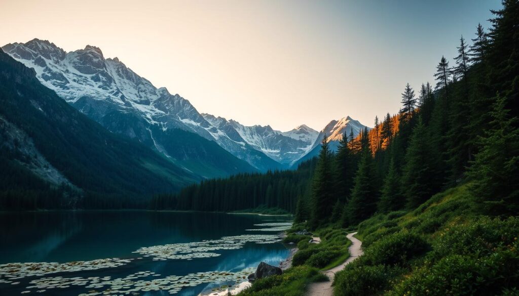 A majestic mountainous landscape at golden hour, with towering snow-capped peaks piercing the sky. In the foreground, a serene alpine lake reflects the dramatic scenery, its crystal-clear waters dotted with lily pads. Dense, verdant forests flank the lake, their canopies casting soft, dappled shadows. A winding hiking trail leads through the undergrowth, inviting exploration. The overall scene conveys a sense of tranquility, natural wonder, and the restorative power of the great outdoors. A majestic mountainous landscape at golden hour, with towering snow-capped peaks piercing the sky. In the foreground, a serene alpine lake reflects the dramatic scenery, its crystal-clear waters dotted with lily pads. Dense, verdant forests flank the lake, their canopies casting soft, dappled shadows. A winding hiking trail leads through the undergrowth, inviting exploration. The overall scene conveys a sense of tranquility, natural wonder, and the restorative power of the great outdoors.