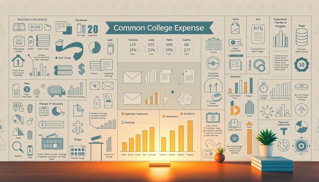 A meticulously detailed infographic depicting the breakdown of common college expenses. In the foreground, an array of icons and graphs visually representing tuition, fees, housing, meals, textbooks, and other vital costs. The middle ground features a clean, minimalist layout with carefully curated typography and color palettes, conveying a sense of organization and clarity. The background incorporates subtle patterns and textures that evoke the academic atmosphere, with a soft, warm lighting that lends a contemplative, educational tone to the overall composition. The image aims to provide a comprehensive, easy-to-understand visualization of the financial realities faced by college students, informing and empowering them to make informed budgeting decisions. A meticulously detailed infographic depicting the breakdown of common college expenses. In the foreground, an array of icons and graphs visually representing tuition, fees, housing, meals, textbooks, and other vital costs. The middle ground features a clean, minimalist layout with carefully curated typography and color palettes, conveying a sense of organization and clarity. The background incorporates subtle patterns and textures that evoke the academic atmosphere, with a soft, warm lighting that lends a contemplative, educational tone to the overall composition. The image aims to provide a comprehensive, easy-to-understand visualization of the financial realities faced by college students, informing and empowering them to make informed budgeting decisions.