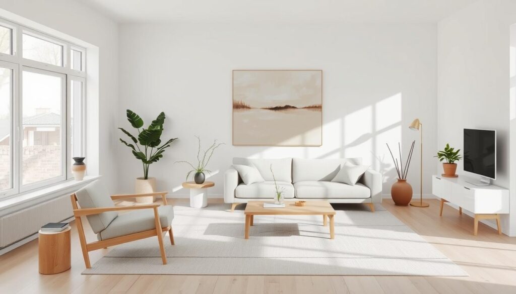 A minimalist Scandinavian living room, flooded with soft, natural light filtering through large windows. Clean-lined furniture in pale wood and neutral fabrics create a serene, uncluttered space. A mid-century modern armchair and sleek, low-profile sofa sit atop a subtly patterned area rug. On the wall, a large abstract painting in muted tones complements the understated decor. Potted plants and a simple, sculptural floor lamp add organic elements, while the overall aesthetic conveys a sense of timeless, effortless sophistication. A minimalist Scandinavian living room, flooded with soft, natural light filtering through large windows. Clean-lined furniture in pale wood and neutral fabrics create a serene, uncluttered space. A mid-century modern armchair and sleek, low-profile sofa sit atop a subtly patterned area rug. On the wall, a large abstract painting in muted tones complements the understated decor. Potted plants and a simple, sculptural floor lamp add organic elements, while the overall aesthetic conveys a sense of timeless, effortless sophistication.