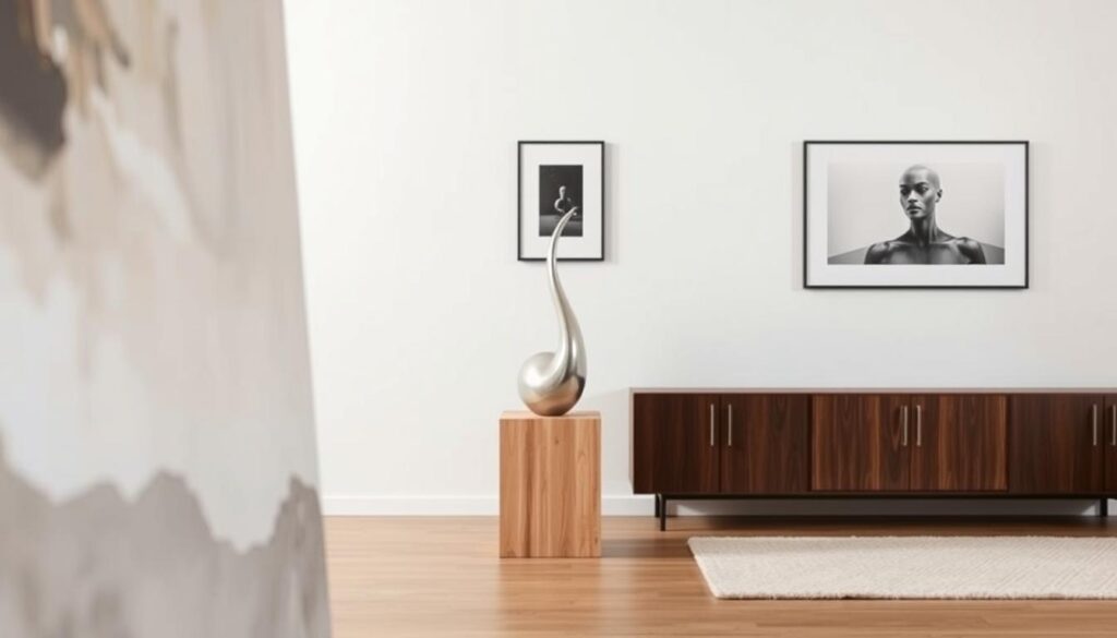 A minimalist living room showcases three statement art pieces, each with a distinct visual style. In the foreground, a striking abstract canvas fills the frame, its bold brushstrokes and muted colors creating an emotive, contemplative mood. In the middle ground, a sleek, minimalist sculpture stands atop a simple wooden pedestal, its clean lines and polished surfaces reflecting the ambient lighting. In the background, a single monochromatic photograph hangs on the wall, its stark composition and deep shadows evoking a sense of quiet introspection. The overall scene exudes a serene, refined atmosphere, where the artwork takes center stage, complemented by a sparse, uncluttered environment. A minimalist living room showcases three statement art pieces, each with a distinct visual style. In the foreground, a striking abstract canvas fills the frame, its bold brushstrokes and muted colors creating an emotive, contemplative mood. In the middle ground, a sleek, minimalist sculpture stands atop a simple wooden pedestal, its clean lines and polished surfaces reflecting the ambient lighting. In the background, a single monochromatic photograph hangs on the wall, its stark composition and deep shadows evoking a sense of quiet introspection. The overall scene exudes a serene, refined atmosphere, where the artwork takes center stage, complemented by a sparse, uncluttered environment.