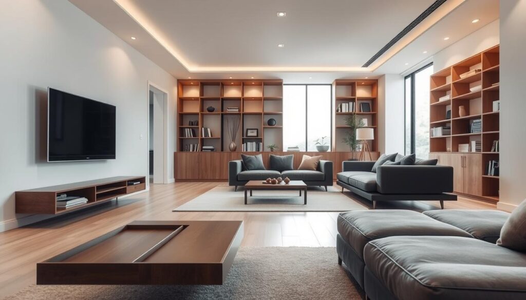 A minimalist living room with clever space-saving designs. In the foreground, a multi-functional coffee table with built-in storage and a sleek, floating TV stand. The middle ground features a modular sofa with hidden compartments and a convertible chaise lounge. In the background, tall bookshelves line the walls, maximizing vertical space. Soft, warm lighting from recessed ceiling fixtures casts a cozy glow, while large windows flood the room with natural light. The overall atmosphere is one of serene, uncluttered elegance, showcasing how thoughtful, minimalist decor can transform a living space. A minimalist living room with clever space-saving designs. In the foreground, a multi-functional coffee table with built-in storage and a sleek, floating TV stand. The middle ground features a modular sofa with hidden compartments and a convertible chaise lounge. In the background, tall bookshelves line the walls, maximizing vertical space. Soft, warm lighting from recessed ceiling fixtures casts a cozy glow, while large windows flood the room with natural light. The overall atmosphere is one of serene, uncluttered elegance, showcasing how thoughtful, minimalist decor can transform a living space.