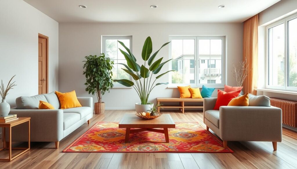 A minimalist living room with natural tones and vibrant color accents. The foreground features a plush, neutral-colored sofa and armchair, complemented by a low, wooden coffee table. In the middle ground, a large, potted plant adds a lush, verdant touch, while colorful throw pillows and a vibrant area rug inject pops of color. The background showcases large windows, allowing warm, natural light to flood the space and highlighting the room's clean, airy aesthetic. The lighting is soft and diffused, creating a calming, serene atmosphere. The overall composition emphasizes the balance between the earthy, muted tones and the vibrant, eye-catching accents, reflecting the harmony between minimalism and personality. A minimalist living room with natural tones and vibrant color accents. The foreground features a plush, neutral-colored sofa and armchair, complemented by a low, wooden coffee table. In the middle ground, a large, potted plant adds a lush, verdant touch, while colorful throw pillows and a vibrant area rug inject pops of color. The background showcases large windows, allowing warm, natural light to flood the space and highlighting the room's clean, airy aesthetic. The lighting is soft and diffused, creating a calming, serene atmosphere. The overall composition emphasizes the balance between the earthy, muted tones and the vibrant, eye-catching accents, reflecting the harmony between minimalism and personality.