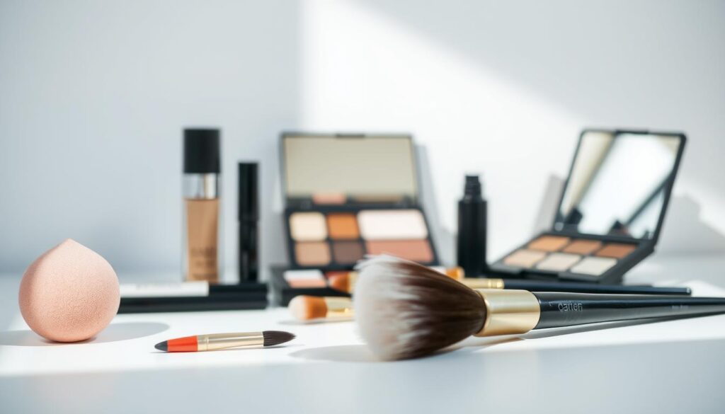 A neatly arranged still life of beginner makeup tools, bathed in soft, diffused natural lighting. In the foreground, a makeup sponge, a small angled brush, and a set of makeup brushes of varying sizes and shapes, all placed on a clean, neutral-colored surface. In the middle ground, a makeup palette with a selection of neutral eyeshadow shades, a tube of foundation, and a small compact mirror. In the background, a minimalist white or light gray backdrop, creating a simple, uncluttered composition that highlights the essential makeup essentials for a beginner's routine. A neatly arranged still life of beginner makeup tools, bathed in soft, diffused natural lighting. In the foreground, a makeup sponge, a small angled brush, and a set of makeup brushes of varying sizes and shapes, all placed on a clean, neutral-colored surface. In the middle ground, a makeup palette with a selection of neutral eyeshadow shades, a tube of foundation, and a small compact mirror. In the background, a minimalist white or light gray backdrop, creating a simple, uncluttered composition that highlights the essential makeup essentials for a beginner's routine.