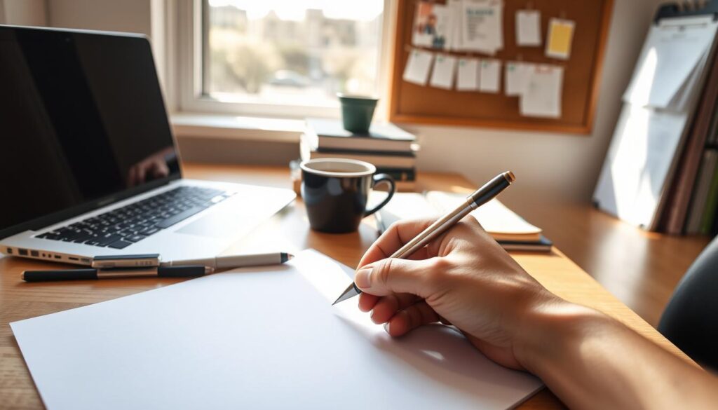 A neatly organized desk with a laptop, a stack of books, and a cup of coffee. Soft natural lighting illuminates the scene, casting a warm, focused atmosphere. In the foreground, a hand holds a pen, poised to write on a crisp, white sheet of paper. The background features a cork board with inspirational notes and a calendar, hinting at the academic setting. The overall composition conveys a sense of productivity, concentration, and the diligence required for effective essay writing. A neatly organized desk with a laptop, a stack of books, and a cup of coffee. Soft natural lighting illuminates the scene, casting a warm, focused atmosphere. In the foreground, a hand holds a pen, poised to write on a crisp, white sheet of paper. The background features a cork board with inspirational notes and a calendar, hinting at the academic setting. The overall composition conveys a sense of productivity, concentration, and the diligence required for effective essay writing.