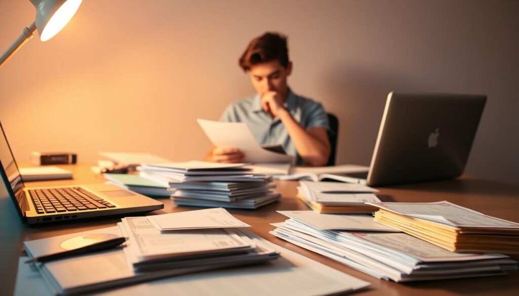 A neatly organized desk with a laptop, calculator, and stack of bills, illuminated by warm, focused lighting. In the foreground, various financial documents and envelopes, meticulously arranged. In the middle ground, a college student thoughtfully reviewing their budget, their expression conveying a sense of diligence and concentration. The background features a minimalist, uncluttered space, emphasizing the importance of organization and financial discipline for the college lifestyle. A neatly organized desk with a laptop, calculator, and stack of bills, illuminated by warm, focused lighting. In the foreground, various financial documents and envelopes, meticulously arranged. In the middle ground, a college student thoughtfully reviewing their budget, their expression conveying a sense of diligence and concentration. The background features a minimalist, uncluttered space, emphasizing the importance of organization and financial discipline for the college lifestyle.