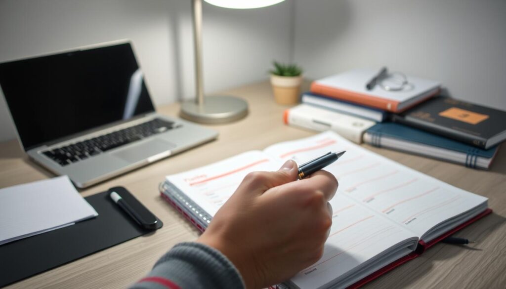 A neatly organized student's desk, with a laptop, textbooks, and a colorful planner prominently displayed. In the foreground, a hand holds a pen, poised to jot down tasks and priorities on the planner's pages. The middle ground features a clean, well-lit workspace, with a modern desk lamp illuminating the scene. The background is softly blurred, creating a sense of focus and concentration. The overall atmosphere is one of productivity, organization, and a proactive approach to time management. A neatly organized student's desk, with a laptop, textbooks, and a colorful planner prominently displayed. In the foreground, a hand holds a pen, poised to jot down tasks and priorities on the planner's pages. The middle ground features a clean, well-lit workspace, with a modern desk lamp illuminating the scene. The background is softly blurred, creating a sense of focus and concentration. The overall atmosphere is one of productivity, organization, and a proactive approach to time management.