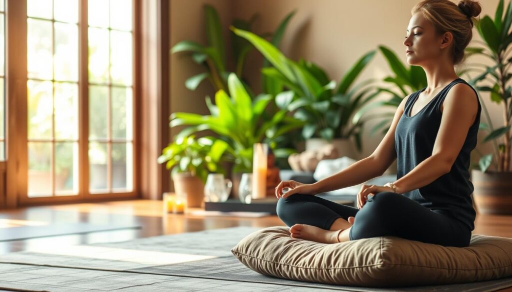 A peaceful meditation space with a serene atmosphere. In the foreground, a person sits cross-legged on a plush meditation cushion, eyes closed, hands resting gently on their lap. Soft, natural lighting filters in through large windows, casting a warm glow. In the middle ground, a small altar with a lit candle, a Buddha statue, and a few fragrant incense sticks. The background features a tranquil indoor garden, with lush, verdant plants and a calming water feature. The overall scene conveys a sense of focused stillness, mindfulness, and inner contemplation. A peaceful meditation space with a serene atmosphere. In the foreground, a person sits cross-legged on a plush meditation cushion, eyes closed, hands resting gently on their lap. Soft, natural lighting filters in through large windows, casting a warm glow. In the middle ground, a small altar with a lit candle, a Buddha statue, and a few fragrant incense sticks. The background features a tranquil indoor garden, with lush, verdant plants and a calming water feature. The overall scene conveys a sense of focused stillness, mindfulness, and inner contemplation.