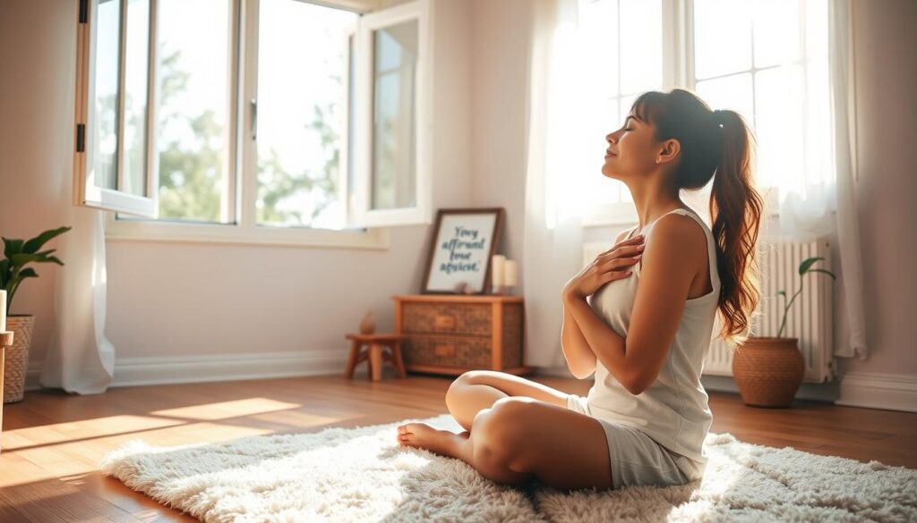 A peaceful, sun-drenched home interior. In the foreground, a woman sits cross-legged on a plush rug, eyes closed, hand resting gently on her heart as she focuses on her daily affirmation. The middle ground features a modest altar with candles, crystals, and a framed affirmation artwork. The background showcases an open window, allowing natural light to flood the space and create a serene, introspective atmosphere. Soft, diffused lighting casts a warm, welcoming glow throughout the room. The lens captures the scene from a slightly elevated angle, emphasizing the tranquility and introspection of the moment. A peaceful, sun-drenched home interior. In the foreground, a woman sits cross-legged on a plush rug, eyes closed, hand resting gently on her heart as she focuses on her daily affirmation. The middle ground features a modest altar with candles, crystals, and a framed affirmation artwork. The background showcases an open window, allowing natural light to flood the space and create a serene, introspective atmosphere. Soft, diffused lighting casts a warm, welcoming glow throughout the room. The lens captures the scene from a slightly elevated angle, emphasizing the tranquility and introspection of the moment.