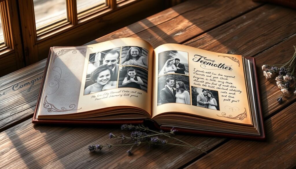 A personalized memory book, its leather cover embossed with swirling patterns, lies open on a wooden table. The pages feature sepia-toned photographs of a couple - their first date, wedding vows, and precious moments in between, each delicately arranged with hand-written captions. Soft, warm lighting from a nearby window illuminates the pages, casting a nostalgic glow. The book is framed by a sprig of fragrant lavender, a token of the couple's enduring love. The overall scene evokes a sense of timeless romance, a thoughtful keepsake that captures the cherished memories of a lifetime together. A personalized memory book, its leather cover embossed with swirling patterns, lies open on a wooden table. The pages feature sepia-toned photographs of a couple - their first date, wedding vows, and precious moments in between, each delicately arranged with hand-written captions. Soft, warm lighting from a nearby window illuminates the pages, casting a nostalgic glow. The book is framed by a sprig of fragrant lavender, a token of the couple's enduring love. The overall scene evokes a sense of timeless romance, a thoughtful keepsake that captures the cherished memories of a lifetime together.