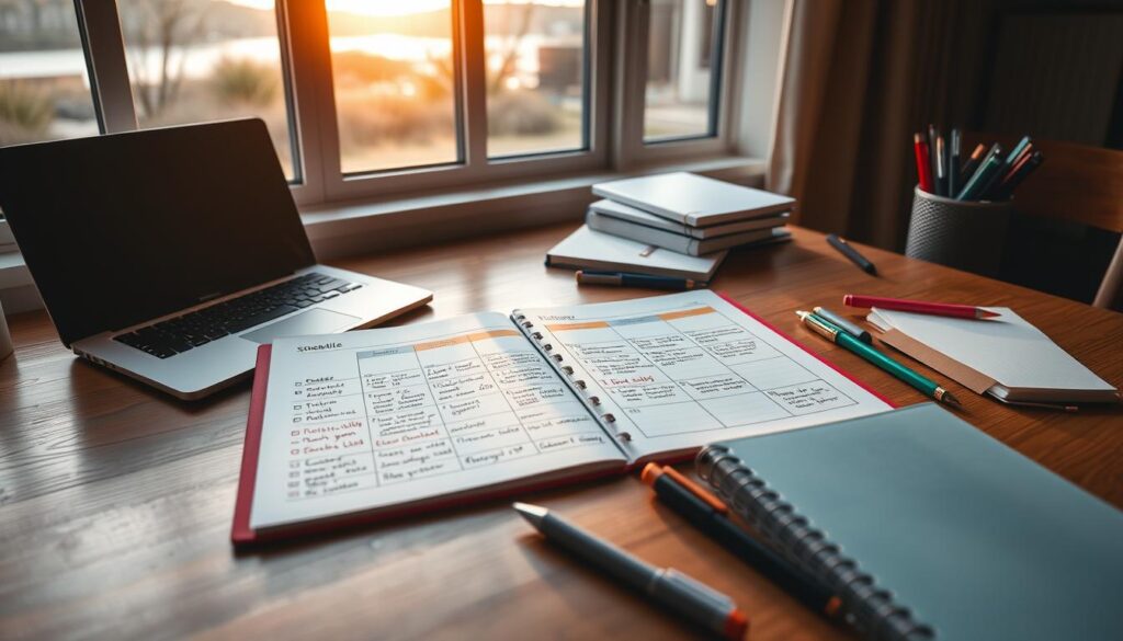 A personalized study schedule laid out on a wooden desk, with a laptop, notebooks, pens, and a planner. Warm, diffused lighting casts a cozy glow, highlighting the organized layout of the materials. In the background, a large window overlooks a tranquil outdoor scene, suggesting a peaceful, focused environment. The schedule is handwritten, with color-coded sections for different subjects, deadlines, and study sessions. The overall atmosphere conveys a sense of productivity, structure, and mindful time management. A personalized study schedule laid out on a wooden desk, with a laptop, notebooks, pens, and a planner. Warm, diffused lighting casts a cozy glow, highlighting the organized layout of the materials. In the background, a large window overlooks a tranquil outdoor scene, suggesting a peaceful, focused environment. The schedule is handwritten, with color-coded sections for different subjects, deadlines, and study sessions. The overall atmosphere conveys a sense of productivity, structure, and mindful time management.