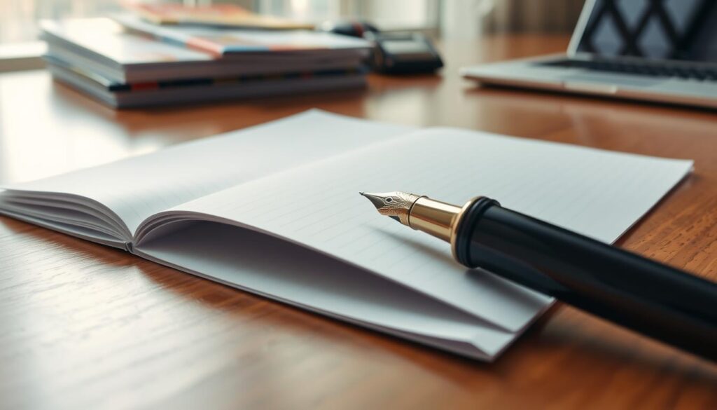 A pristine sheet of college-ruled paper sits on a polished wooden desk, its edges neatly aligned. The paper's surface is unmarked, save for the faint, printed guidelines that invite the writer's words. A stylish fountain pen, its nib poised, casts a subtle shadow across the paper's surface, hinting at the careful thought and deliberation to come. Soft, diffused lighting illuminates the scene, creating a contemplative atmosphere. In the background, a stack of college brochures and a laptop computer suggest the broader context of the college application process. The overall composition conveys a sense of focus, preparation, and the importance of crafting a compelling essay that meets the requirements. A pristine sheet of college-ruled paper sits on a polished wooden desk, its edges neatly aligned. The paper's surface is unmarked, save for the faint, printed guidelines that invite the writer's words. A stylish fountain pen, its nib poised, casts a subtle shadow across the paper's surface, hinting at the careful thought and deliberation to come. Soft, diffused lighting illuminates the scene, creating a contemplative atmosphere. In the background, a stack of college brochures and a laptop computer suggest the broader context of the college application process. The overall composition conveys a sense of focus, preparation, and the importance of crafting a compelling essay that meets the requirements.