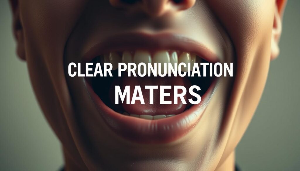 A pristine, well-lit close-up shot of a human mouth speaking the words "CLEAR PRONUNCIATION MATTERS" in a crisp, articulate manner. The lips are parted, the tongue is visible, and the teeth are slightly exposed, showcasing the intricate mechanics of speech. The background is a soft, blurred gradient, allowing the viewer to focus solely on the expressive mouth. Warm, natural lighting casts gentle shadows, accentuating the contours of the face. The camera angle is positioned slightly above eye level, creating a sense of authority and importance. The overall mood is one of clarity, precision, and the power of effective communication. A pristine, well-lit close-up shot of a human mouth speaking the words "CLEAR PRONUNCIATION MATTERS" in a crisp, articulate manner. The lips are parted, the tongue is visible, and the teeth are slightly exposed, showcasing the intricate mechanics of speech. The background is a soft, blurred gradient, allowing the viewer to focus solely on the expressive mouth. Warm, natural lighting casts gentle shadows, accentuating the contours of the face. The camera angle is positioned slightly above eye level, creating a sense of authority and importance. The overall mood is one of clarity, precision, and the power of effective communication.