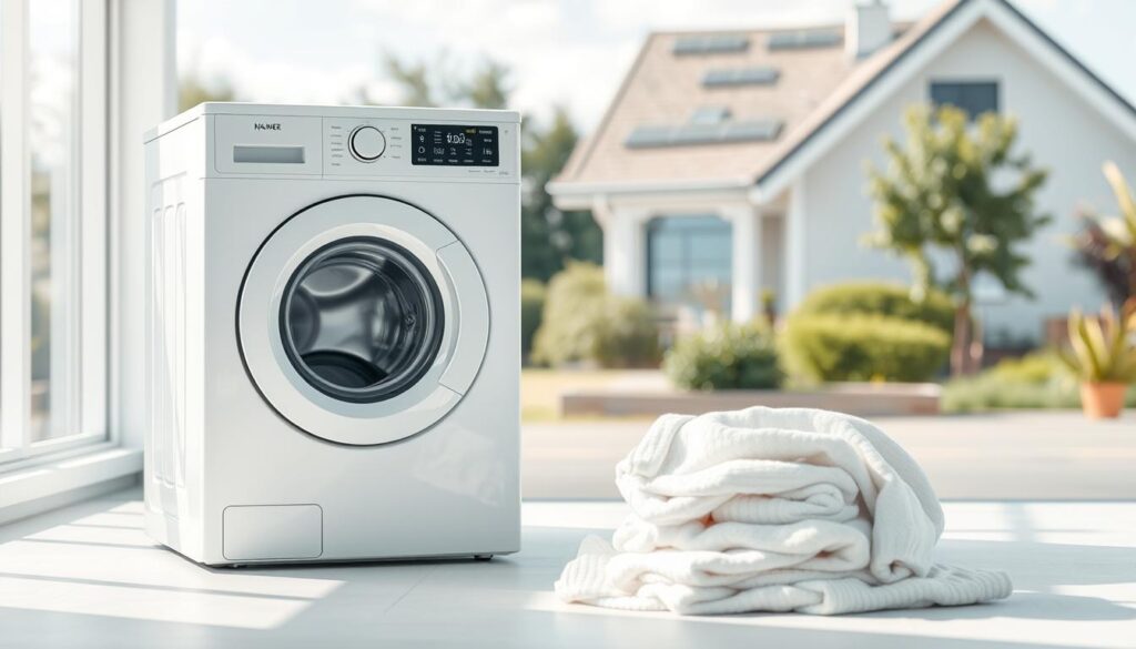 A pristine white washing machine set against a bright, energy-efficient backdrop. The machine's sleek, minimalist design is accentuated by soft, diffused lighting, creating a sense of cleanliness and efficiency. In the foreground, a fresh pile of laundry sits neatly, hinting at the machine's quick, eco-friendly wash cycles. The mid-ground features a serene, natural setting with a lush, verdant garden, symbolizing the harmony between technology and the environment. The background showcases a modern, sustainable home, with solar panels and other energy-saving features, reinforcing the message of energy-efficiency. The overall scene conveys a calming, streamlined aesthetic, inviting the viewer to embrace the benefits of quick, energy-conscious laundry practices.