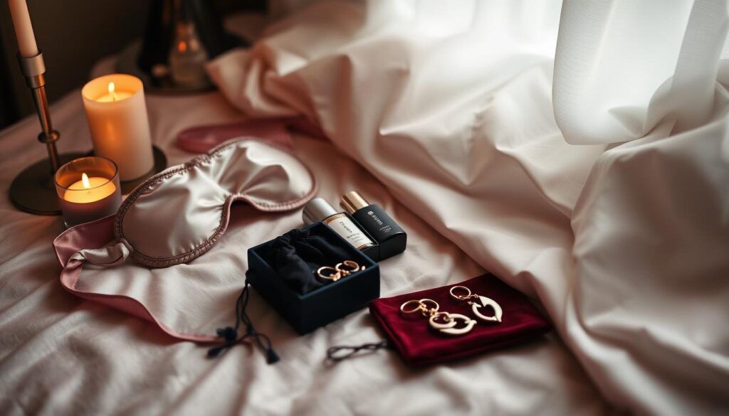 A romantic bedside table adorned with a handful of intimate gifts: a pair of silk blindfolds, a box of scented massage oils, and a velvet pouch containing a set of delicate metal clasps. Soft, warm lighting from a pair of candles casts a sultry glow, while a luxurious satin sheet partially obscures the scene, hinting at the promise of pleasure to come. The overall atmosphere is one of sensual anticipation, inviting the viewer to imagine the intimate celebration unfolding. A romantic bedside table adorned with a handful of intimate gifts: a pair of silk blindfolds, a box of scented massage oils, and a velvet pouch containing a set of delicate metal clasps. Soft, warm lighting from a pair of candles casts a sultry glow, while a luxurious satin sheet partially obscures the scene, hinting at the promise of pleasure to come. The overall atmosphere is one of sensual anticipation, inviting the viewer to imagine the intimate celebration unfolding.