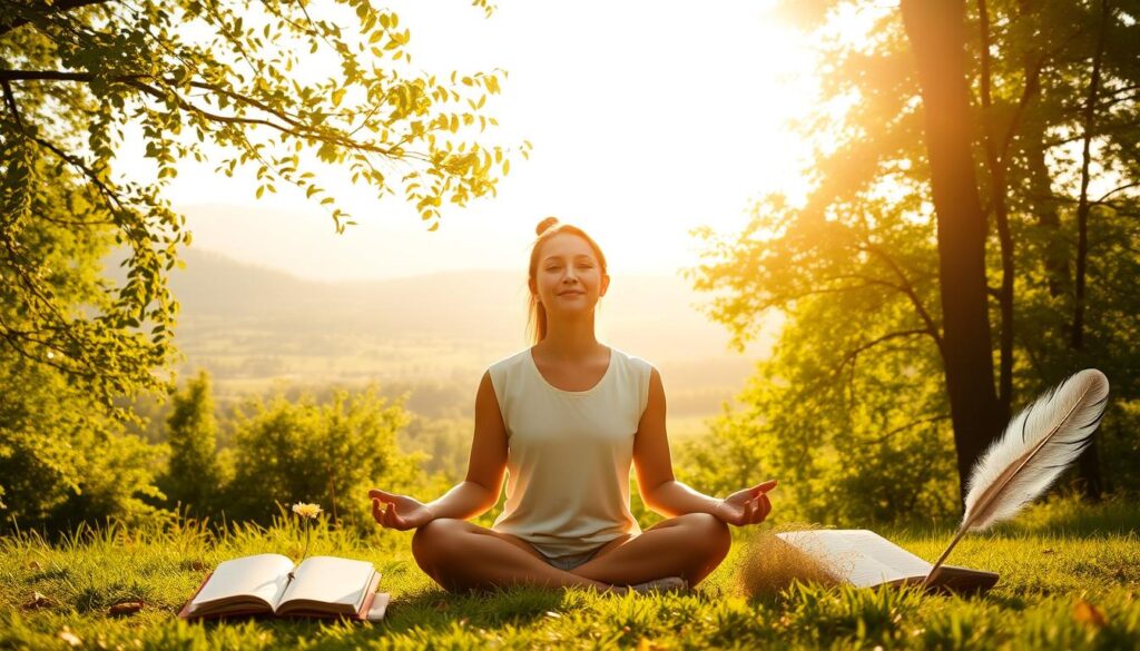 A serene and contemplative scene unfolds, capturing the transformative benefits of daily gratitude. In the foreground, a person sits in a peaceful meditative pose, their face radiant with a sense of inner calm and contentment. Surrounding them, a lush, verdant landscape stretches out, with sunlight gently filtering through the trees, casting a warm, golden glow. In the middle ground, various symbols of gratitude are subtly woven throughout the scene - a small journal, a delicate wildflower, and a single feather, all embodying the simple yet profound act of acknowledging life's blessings. The background is bathed in a soft, diffused light, creating an atmosphere of tranquility and introspection, inviting the viewer to pause, reflect, and embrace the power of gratitude in their own daily life. A serene and contemplative scene unfolds, capturing the transformative benefits of daily gratitude. In the foreground, a person sits in a peaceful meditative pose, their face radiant with a sense of inner calm and contentment. Surrounding them, a lush, verdant landscape stretches out, with sunlight gently filtering through the trees, casting a warm, golden glow. In the middle ground, various symbols of gratitude are subtly woven throughout the scene - a small journal, a delicate wildflower, and a single feather, all embodying the simple yet profound act of acknowledging life's blessings. The background is bathed in a soft, diffused light, creating an atmosphere of tranquility and introspection, inviting the viewer to pause, reflect, and embrace the power of gratitude in their own daily life.