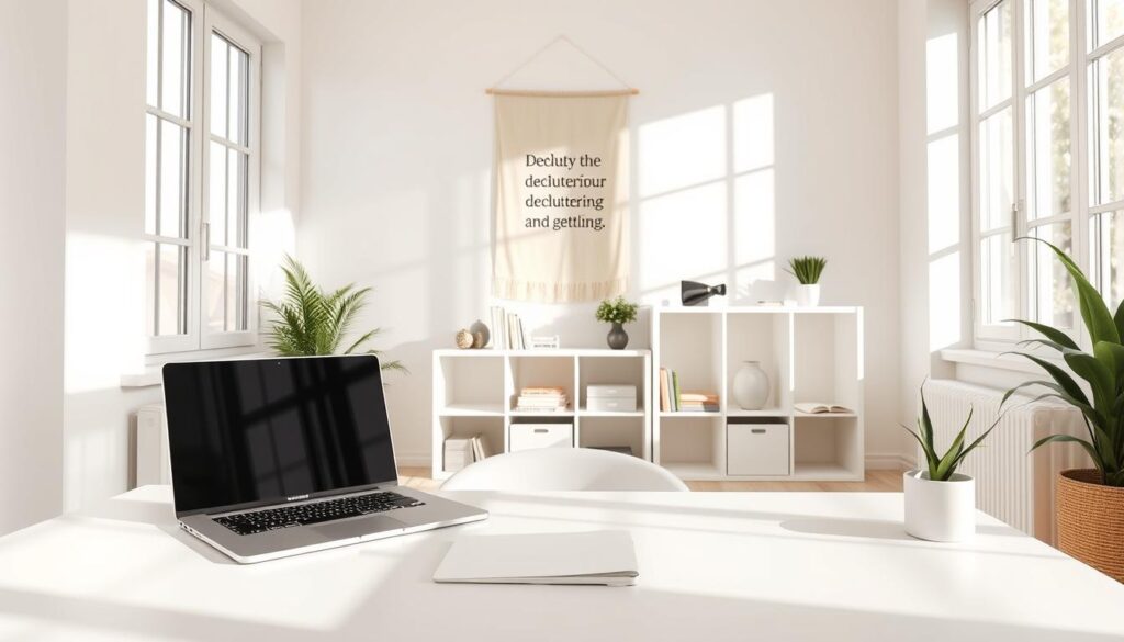 A serene and minimalist home interior, filled with natural light streaming through large windows. In the foreground, a neatly arranged desk with a laptop, a few essential office supplies, and a small potted plant. In the middle ground, a clean and organized bookshelf displaying a few well-curated books and decorative items. The background features a neutral-toned wall, with a simple and elegant wall hanging or artwork that captures the essence of decluttering and goal-setting. The overall mood is one of tranquility, focus, and intentionality, encouraging the viewer to prioritize their decluttering efforts and set clear goals for a more organized and productive lifestyle. A serene and minimalist home interior, filled with natural light streaming through large windows. In the foreground, a neatly arranged desk with a laptop, a few essential office supplies, and a small potted plant. In the middle ground, a clean and organized bookshelf displaying a few well-curated books and decorative items. The background features a neutral-toned wall, with a simple and elegant wall hanging or artwork that captures the essence of decluttering and goal-setting. The overall mood is one of tranquility, focus, and intentionality, encouraging the viewer to prioritize their decluttering efforts and set clear goals for a more organized and productive lifestyle.