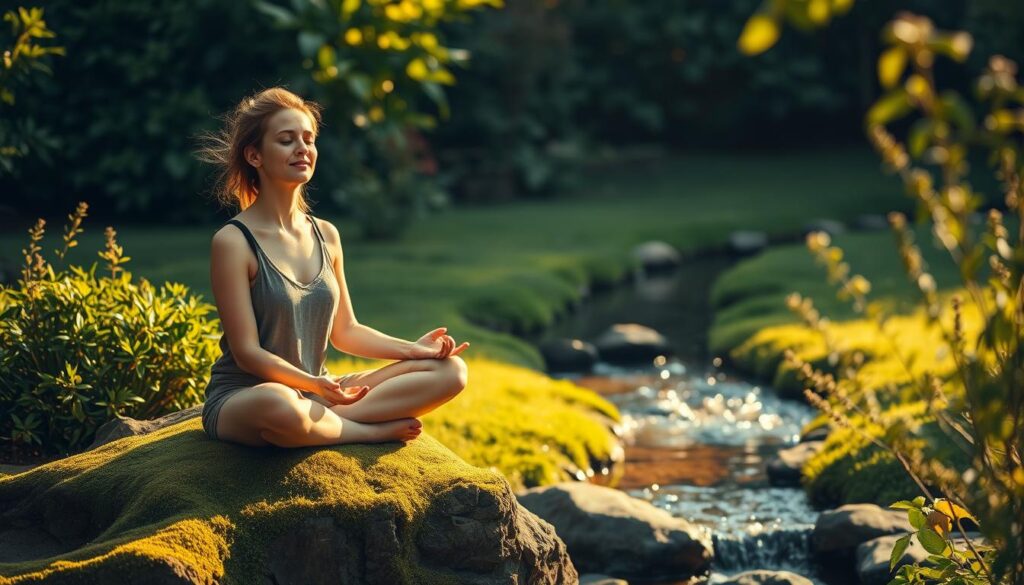 A serene and tranquil garden scene, bathed in warm, golden lighting. In the foreground, a woman sits cross-legged on a plush, moss-covered rock, her eyes closed in deep meditation. Her expression is one of profound inner peace and calm. The middle ground features a small, bubbling stream, its gentle sounds providing a soothing backdrop. In the background, lush, verdant foliage frames the scene, creating a sense of enclosure and safety. The overall atmosphere is one of mindfulness, harmony, and the nurturing embrace of self-care. A serene and tranquil garden scene, bathed in warm, golden lighting. In the foreground, a woman sits cross-legged on a plush, moss-covered rock, her eyes closed in deep meditation. Her expression is one of profound inner peace and calm. The middle ground features a small, bubbling stream, its gentle sounds providing a soothing backdrop. In the background, lush, verdant foliage frames the scene, creating a sense of enclosure and safety. The overall atmosphere is one of mindfulness, harmony, and the nurturing embrace of self-care.