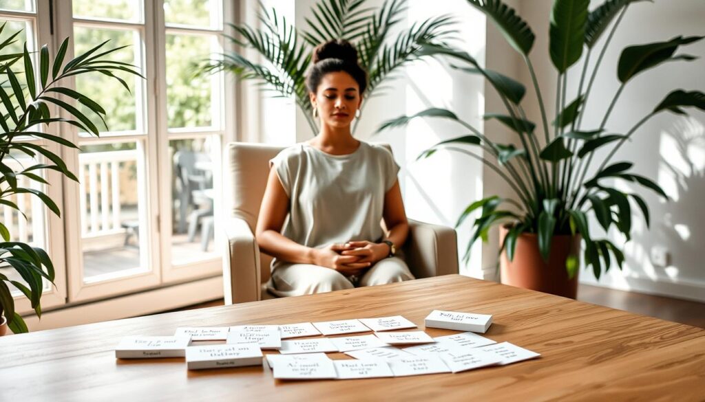 A serene and tranquil scene of a person sitting in a comfortable chair, practicing daily affirmations. The foreground features a person with a peaceful expression, hands resting gently on their lap, surrounded by natural light filtering through large windows. The middle ground showcases an array of self-love affirmation cards or notes scattered on a minimalist, wooden table. In the background, lush plants and greenery create a calming, nature-inspired atmosphere. The overall mood is one of introspection, self-acceptance, and personal growth, reflecting the section's theme of "Self-Love Affirmations for Confidence and Personal Growth". A serene and tranquil scene of a person sitting in a comfortable chair, practicing daily affirmations. The foreground features a person with a peaceful expression, hands resting gently on their lap, surrounded by natural light filtering through large windows. The middle ground showcases an array of self-love affirmation cards or notes scattered on a minimalist, wooden table. In the background, lush plants and greenery create a calming, nature-inspired atmosphere. The overall mood is one of introspection, self-acceptance, and personal growth, reflecting the section's theme of "Self-Love Affirmations for Confidence and Personal Growth".