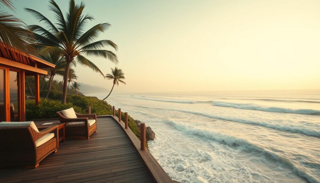 A serene coastal retreat with a breathtaking panoramic view of the beach. In the foreground, a wooden deck with cozy outdoor furniture invites relaxation, as gentle waves crash against the pristine sandy shore. The middle ground features swaying palm trees and lush greenery, creating a tranquil, tropical ambiance. In the background, a hazy horizon line where the sky and the ocean seamlessly blend, bathed in the warm glow of a golden sunset. The lighting is soft and diffused, lending an air of peaceful solitude to the scene. Captured through a wide-angle lens, this cinematic landscape evokes a sense of escape and rejuvenation. A serene coastal retreat with a breathtaking panoramic view of the beach. In the foreground, a wooden deck with cozy outdoor furniture invites relaxation, as gentle waves crash against the pristine sandy shore. The middle ground features swaying palm trees and lush greenery, creating a tranquil, tropical ambiance. In the background, a hazy horizon line where the sky and the ocean seamlessly blend, bathed in the warm glow of a golden sunset. The lighting is soft and diffused, lending an air of peaceful solitude to the scene. Captured through a wide-angle lens, this cinematic landscape evokes a sense of escape and rejuvenation.