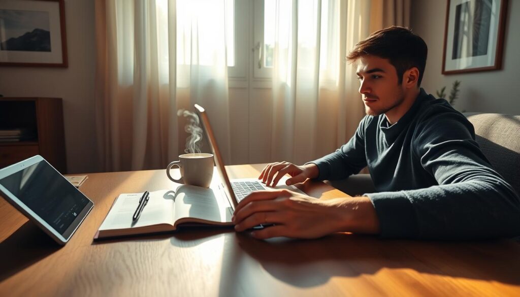 A serene home office, bathed in warm natural light filtering through sheer curtains. On a wooden desk, an open notebook, a pen, and a steaming mug of coffee sit alongside a digital tablet, all neatly arranged. The walls are adorned with minimalist artwork, creating a calming, focused atmosphere. In the foreground, a person's hands rest on the desk, typing intently on a laptop, their expression one of deep concentration as they practice a new language. The overall scene conveys a sense of intentional, consistent language learning through a dedicated daily routine. A serene home office, bathed in warm natural light filtering through sheer curtains. On a wooden desk, an open notebook, a pen, and a steaming mug of coffee sit alongside a digital tablet, all neatly arranged. The walls are adorned with minimalist artwork, creating a calming, focused atmosphere. In the foreground, a person's hands rest on the desk, typing intently on a laptop, their expression one of deep concentration as they practice a new language. The overall scene conveys a sense of intentional, consistent language learning through a dedicated daily routine.