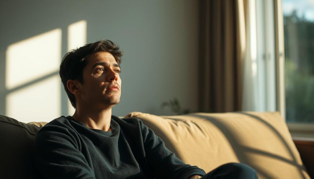 A serene living room setting, with a person sitting on a comfortable couch, deep in thought, their face softly illuminated by natural light streaming in through a large window. The person's expression conveys a sense of introspection and emotional vulnerability, as they consider their inner experiences and how to express them through "I" statements. The background is muted, allowing the focus to remain on the person's contemplative state, emphasizing the importance of self-awareness and open communication in relationships. The overall atmosphere is one of calm, introspection, and the power of honest self-expression. A serene living room setting, with a person sitting on a comfortable couch, deep in thought, their face softly illuminated by natural light streaming in through a large window. The person's expression conveys a sense of introspection and emotional vulnerability, as they consider their inner experiences and how to express them through "I" statements. The background is muted, allowing the focus to remain on the person's contemplative state, emphasizing the importance of self-awareness and open communication in relationships. The overall atmosphere is one of calm, introspection, and the power of honest self-expression.