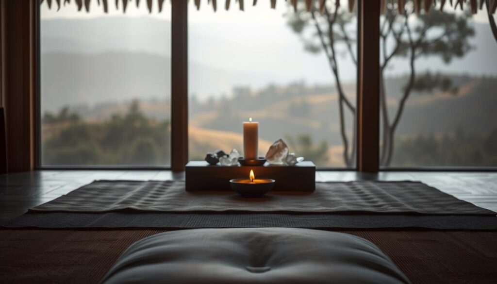 A serene meditation space with a peaceful atmosphere. In the foreground, a cushion or mat invites the viewer to sit and practice. The middle ground features a simple altar with a candle, crystals, and a small bowl of water, creating a calming ambiance. In the background, a soothing landscape of rolling hills or a tranquil forest setting, bathed in soft, natural lighting. The overall composition conveys a sense of tranquility, inviting the viewer to embark on a mindful journey of self-discovery. A serene meditation space with a peaceful atmosphere. In the foreground, a cushion or mat invites the viewer to sit and practice. The middle ground features a simple altar with a candle, crystals, and a small bowl of water, creating a calming ambiance. In the background, a soothing landscape of rolling hills or a tranquil forest setting, bathed in soft, natural lighting. The overall composition conveys a sense of tranquility, inviting the viewer to embark on a mindful journey of self-discovery.