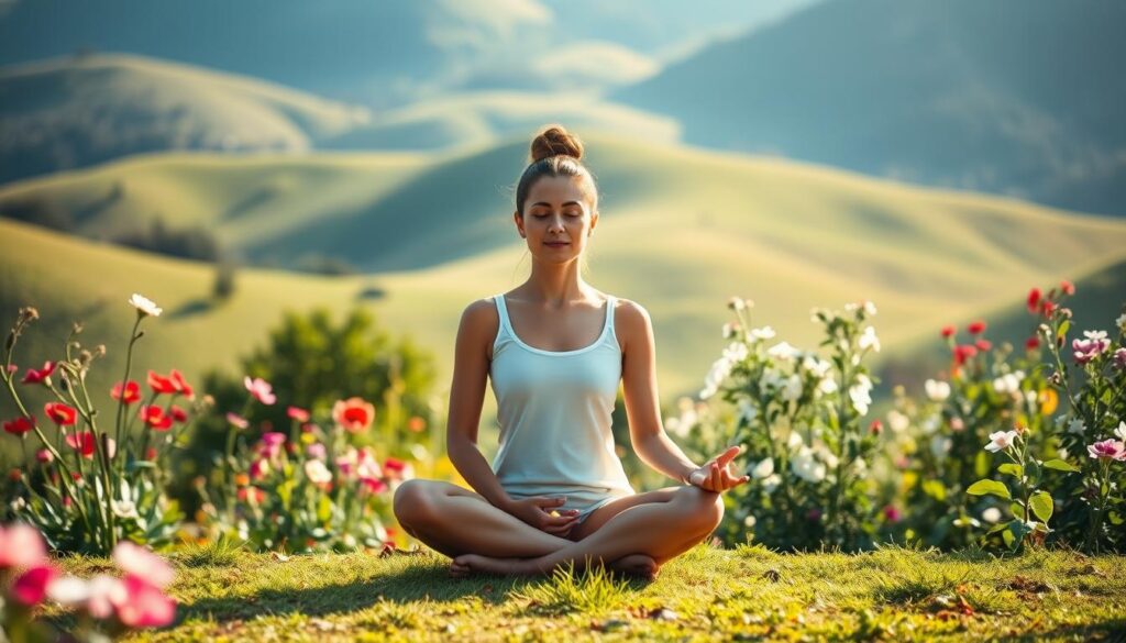 A serene meditative figure sits cross-legged in a sunlit garden, their face tranquil and focused. Behind them, a lush landscape of rolling hills and blooming flowers creates a sense of harmony and tranquility. Soft, diffused lighting filters through the scene, casting gentle shadows and highlighting the meditator's composed expression. The atmosphere is one of inner peace and self-reflection, inviting the viewer to pause and embrace the challenges of meditation with patience and resilience. A serene meditative figure sits cross-legged in a sunlit garden, their face tranquil and focused. Behind them, a lush landscape of rolling hills and blooming flowers creates a sense of harmony and tranquility. Soft, diffused lighting filters through the scene, casting gentle shadows and highlighting the meditator's composed expression. The atmosphere is one of inner peace and self-reflection, inviting the viewer to pause and embrace the challenges of meditation with patience and resilience.
