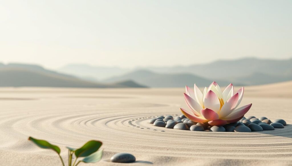 A serene, meditative landscape depicting the core principles of mindfulness. In the foreground, a lotus flower blooms, symbolizing inner peace and spiritual enlightenment. The middle ground features a zen garden with smooth pebbles and raked sand, exuding a sense of tranquility. In the background, rolling hills and a calming sky create a harmonious, contemplative atmosphere. Soft, diffused lighting bathes the scene, evoking a calming, introspective mood. The overall composition conveys the essence of mindfulness - being present, finding stillness, and cultivating inner balance. A serene, meditative landscape depicting the core principles of mindfulness. In the foreground, a lotus flower blooms, symbolizing inner peace and spiritual enlightenment. The middle ground features a zen garden with smooth pebbles and raked sand, exuding a sense of tranquility. In the background, rolling hills and a calming sky create a harmonious, contemplative atmosphere. Soft, diffused lighting bathes the scene, evoking a calming, introspective mood. The overall composition conveys the essence of mindfulness - being present, finding stillness, and cultivating inner balance.