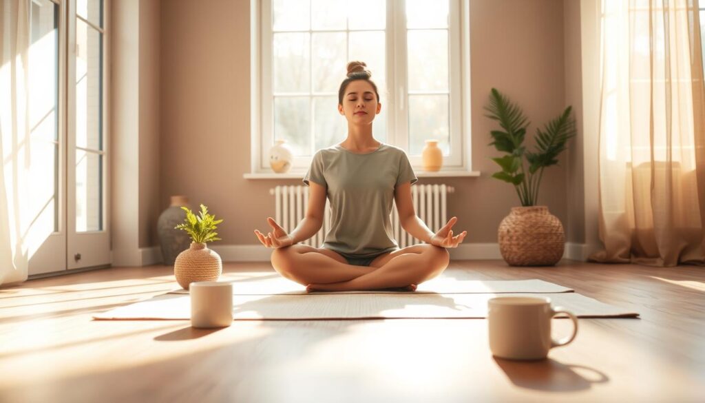 A serene morning setting with a person sitting cross-legged on a mat, practicing mindfulness exercises. Warm, natural lighting filters through large windows, casting a soft glow on the scene. In the foreground, the person's eyes are closed, their expression calm and focused. Around them, minimal decor elements like a small plant, a candle, and a mug of tea create a simple, uncluttered atmosphere conducive to meditation. The background features neutral, earthy tones with soft, blurred lines, emphasizing the tranquility of the moment. The overall composition evokes a sense of peace, presence, and a gentle start to the day. A serene morning setting with a person sitting cross-legged on a mat, practicing mindfulness exercises. Warm, natural lighting filters through large windows, casting a soft glow on the scene. In the foreground, the person's eyes are closed, their expression calm and focused. Around them, minimal decor elements like a small plant, a candle, and a mug of tea create a simple, uncluttered atmosphere conducive to meditation. The background features neutral, earthy tones with soft, blurred lines, emphasizing the tranquility of the moment. The overall composition evokes a sense of peace, presence, and a gentle start to the day.